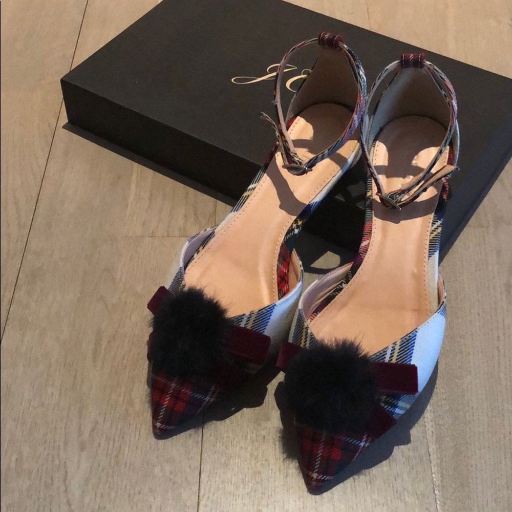 J.Crew Sadie pom-pom ankle-strap flats in tartan